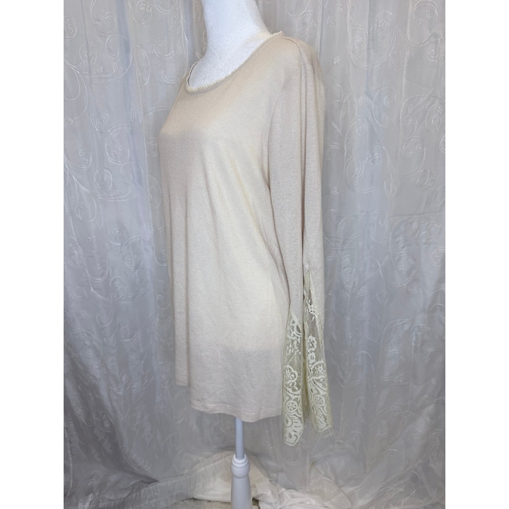 Peach Love CA Beige Lace Bell Sleeve Knit Top Tunic Scallop Neck Cream Large - Picture 2 of 8